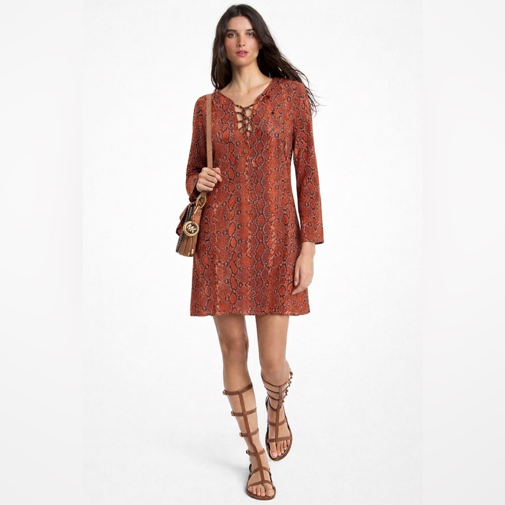 Michael Michael Kors Rust Snake Print Lace-Up Dress – Size Medium